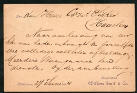 Firma briefkaart SLIKKERVEER 1894 met kleinrondstempel SLIKKERVEER naar HAARLEM.