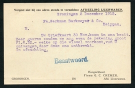 Firma briefkaart GRONINGEN 1915 met langebalkstempel GRONINGEN naar Helpman.