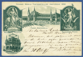 AMSTERDAM, Souvenir Wereld Tentoonstelling Amsterdam 1895. Gelopen kaart met bijzondere frankering.