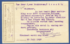 Firma briefkaart ROTTERDAM 1910 met langebalkstempel ROTTERDAM naar Utrecht.  Geïllustreerd.