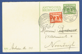 G - Briefkaart. Antwoord briefkaart met bijfrankering van 's GRAVENHAGE STATION H.S.M. naar Noordwijk.