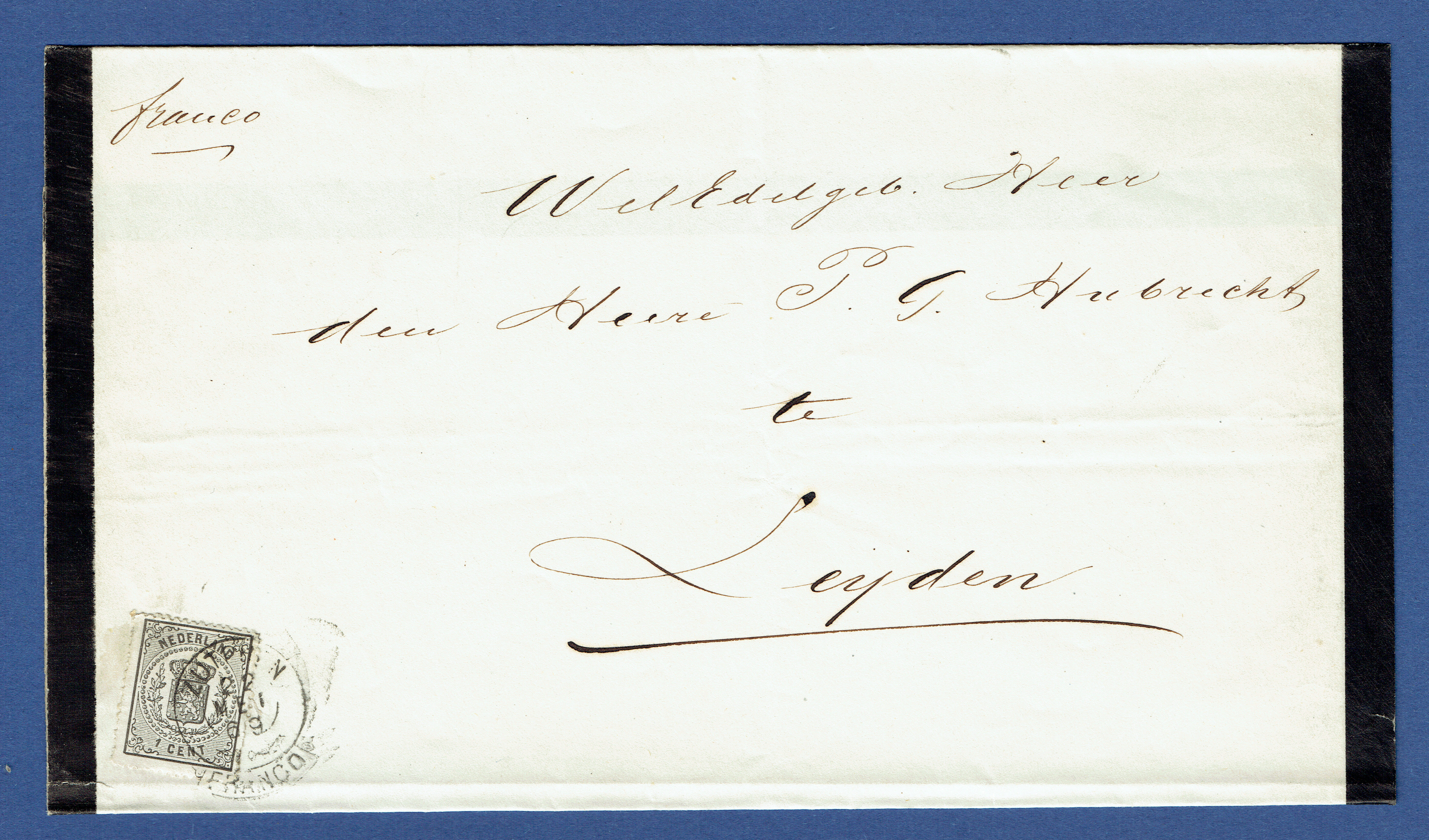 ZUTPHEN 1869. Vouwbrief (omslag) met franco takje ZUTPHEN op 1 cent Rijkswapen zwart naar LEIDEN. TE ZEGELEN, GELDERLAND 11 cent.