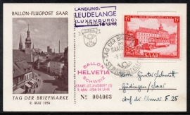 Saar. Eerste dag kaart met ballonpost. 9 Mei 1954.
