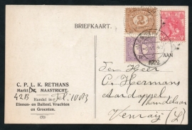 Firma briefkaart MAASTRICHT 1922 met kortebalkstempel MAASTRICHT naar Venraij.