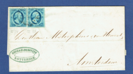 ROTTERDAM 1857. Vouwbrief met dubbel frankering NVPH 1. Met halfrond ROTTERDAM C naar AMSTERDAM.
