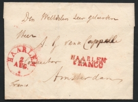 HAARLEM 1835. Briefomslag met rondstempel HAARLEM zonder jaartal en HAARLEM FRANCO naar AMSTERDAM.