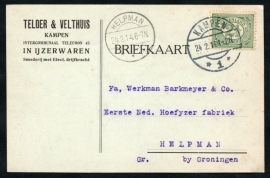Firma briefkaart KAMPEN 1914 met langebalkstempel KAMPEN naar HELPMAN.
