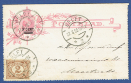 Postblad G 9 met bijfrankering met langebalkstempel DELFT naar MAASTRICHT.