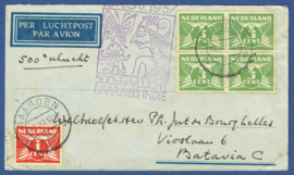 500e VLUCHT NAAR NED. INDIË. 13 NOV. 1937. NAARDEN-BATAVIA. Roltanding 62 in blok van 4.