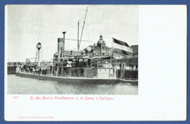 HARLINGEN, Hr. Ms. Gerberus in de haven te Harlingen. Ongelopen kaart.