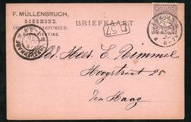 Firma briefkaart ROERMOND 1898 met grootrondstempel ROERMOND naar DEN HAAG.