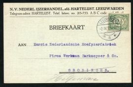 Firma briefkaart LEEUWARDEN 1915 met langebalkstempel LEEUWARDEN naar Helpman.