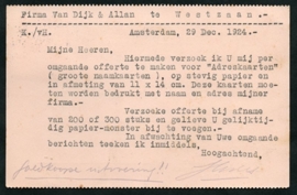 Firma briefkaart AMSTERDAM 1924 met vlagstempel AMSTERDAM naar Westzaan.