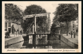 AMSTERDAM, Groenburgwal met Zuiderkerktoren. Gelopen kaart.