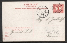 Briefkaart met kleinrondstempel VISVLIET naar BURUM. Op ansichtkaart GRONINGEN.