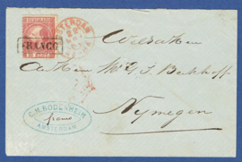 Cover met 2-letterstempel AMSTERDAM (rood) naar NIJMEGEN.