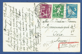 Briefkaart met Olympiade 1928 met kortebalkstempel GRONINGEN naar Oslo, Noorwegen op ansichtkaart Groningen. Eerste dag afstempeling.