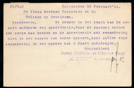 Firma briefkaart DOETINCHEM 1914 met langebalkstempel DOETINCHEM naar HELPMAN.