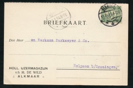 Firma briefkaart ALKMAAR 1914 met langebalkstempel ALKMAAR naar Helpman.