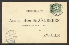 Firma briefkaart ZWOLLE 1913 met langebalkstempel APELDOORN naar ZWOLLE.