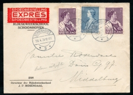 Firma cover SCHOONHOVEN 1934 met crisiszegels 1934 van SCHOONHOVEN naar MIDDELBURG. EXPRES, SPOEDBESTELLING. Eerste dag afstempeling.