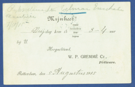Firma briefkaart ROTTERDAM 1915 met vlagstempel ROTTERDAM naar SCHIEDAM.