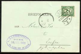 Firma briefkaart GOES 1908 met langebalkstempel GOES naar Eefde.