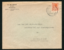 Firma cover HOOGWOUD 1933 met kortebalkstempel SPANBROEK (N.H.) naar SCHAGEN.