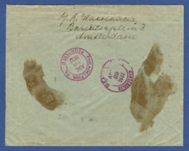 Aangetekende mengfrankering cover met kortebalkstempel AMSTERDAM naar  USA. Roltanding  R34.