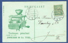 Firma briefkaart TIEL 1915 met langebalkstempel TIEL naar Joure. Geïllustreerd.