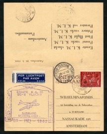 Eerste rechtstreekse KLM vlucht ASTERDAM-PARAMARIBO op particuliere briefkaart van het Wilhelminafonds. Met betaald antwoord. Retourkaart.