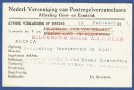 Particulier postwaardestuk, Nederl. Vereeniging van Postzegelverzamelaars, Afdeling Gooi- en Eemland. 1935.  A-Kaart.