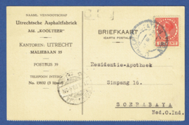 Firma briefkaart UTRECHT 1928 met kortebalkstempel UTRECHT-STATION naar SOERABAJA.