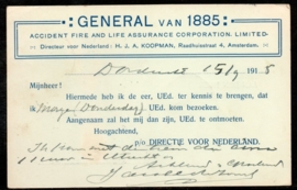 Firma briefkaart AMSTERDAM 1915 met langebalkstempel DORDRECHT naar Utrecht.