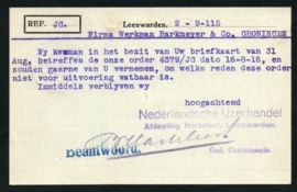 Firma briefkaart LEEUWARDEN 1915 met langebalkstempel LEEUWARDEN naar Helpman.