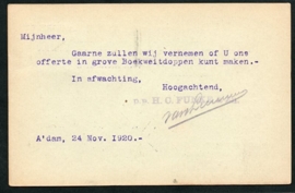 Firma briefkaart AMSTERDAM 1920 met vlagstempel AMSTERDAM naar Schoonhoven.