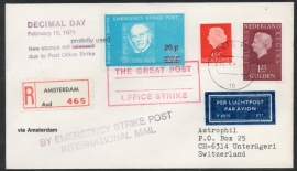 Luchtpostcover. Postal Strike (the great post office strike) van AMSTERDAM naar ZWITSERLAND. Aangetekend.