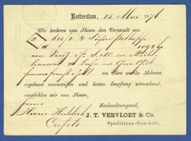 Particulier postwaardestuk ROTTERDAM 1876, J.T. VERVLOET & Co  Speditions-Geschaft. Van ROTTERDAM naar Crefeld, Duitsland.