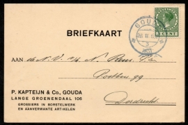 Firma briefkaart GOUDA 1931 met kortebalkstempel (blauwstempel) GOUDA naar Dordrecht.