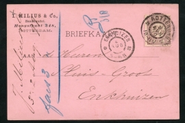 Firma briefkaart ROTTERDAM 1899 met grootrondstempel ROTTERDAM naar ENKHUIZEN.