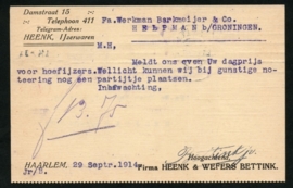 Firma briefkaart HAARLEM 1914 met automaatstempel HAARLEM naar Helpman.