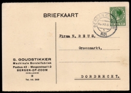 Firma briefkaart BERGEN OP ZOOM 1931 met kortebalkstempel BERGEN OP ZOOM naar Dordrecht.