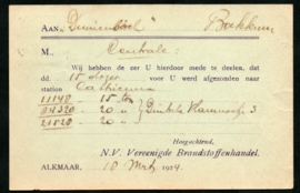 Firma briefkaart ALKMAAR 1924 met kortebalkstempel ALKMAAR naar Bakkum.