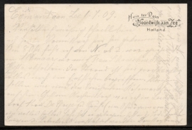 Firma briefkaart NOORDWIJK AAN ZEE 1909 met langebalkstempel EGMOND AAN ZEE naar Duitsland.