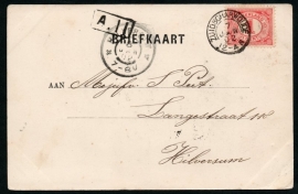 Briefkaart met kleinrondstempel ZUIDSCHARWOUDE naar HILVERSUM. Op ansichtkaart Alkmaar.