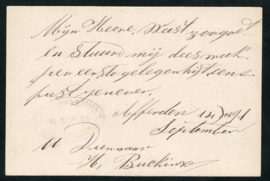 Particulier postwaardestuk bedrukt SCHIEDAM. Met kleinrondstempel AFFERDEN (LIMB)