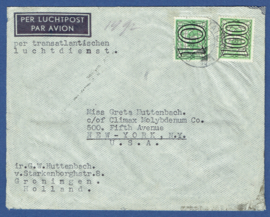 Luchtpost cover met censuur met tralie zegels (1 gulden) 1941 GRONINGEN naar USA.