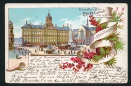 AMSTERDAM, Koninklijk paleis. Kraepelien & Holm's EIKEL- CACAO. Gelopen Lithokaart met grootrondstempel SPIERDIJK.