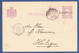 G - Briefkaart met langstempel MIDWOLDE en kleinrondstempel SCHEEMDA naar HARLINGEN.
