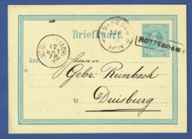 Particulier postwaardestuk ROTTERDAM 1878. HORSTMANN & Co met trajectstempel UTR:-ROTTERD: naar Duitsland.